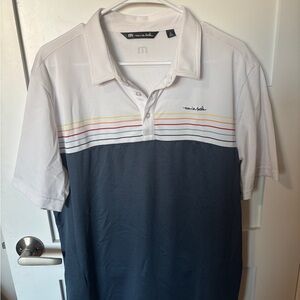 Travis Mathew White and Navy Short-Sleeve Polo with Multicolor Stripes